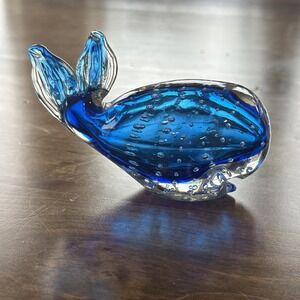 Vintage Cobalt Blue Blown Art Glass Whale Hand Made Figurine Paperweight Japan